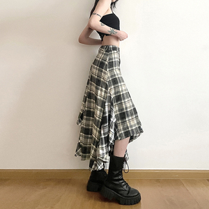 gagaopt自制新款韩版格子高腰显瘦半身裙设计感不规则气质A字长裙