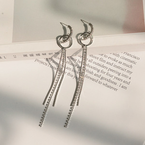 S925银针镶钻流苏环形耳环个性气质镂空圆环链条耳钉耳饰女