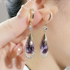 高级感紫色水晶水滴形耳扣简约大气耳环时尚气质耳饰2023年新款潮
