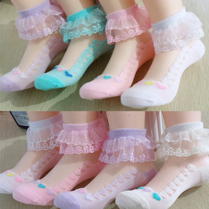 5双儿童水晶丝袜女童春秋冰丝短袜宝宝夏季薄款公主白色花边袜子