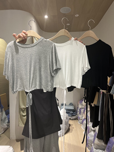 Y2studio现货东大门24新款白色设计感下摆抽绳短袖T恤短款上衣女