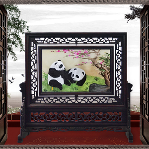 中国特色工艺品蜀绣熊猫双面手工绣蜀国刺绣家居屏风摆件出国礼品