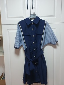 出闲置，OL风藏青色条纹衬衫裙，115-135斤，连衣裙，雪