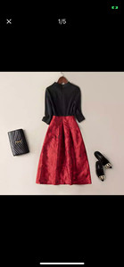 时尚提花拼接七分袖裙子 修身显瘦中长连衣裙 上黑下红 L