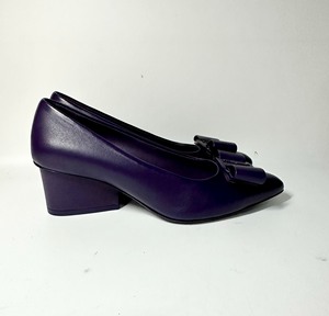 菲拉女士经典蝴蝶结真皮羊皮小尖头中跟单皮鞋女鞋--深紫色色