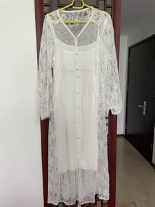 全新白色蕾丝长袖两件套长裙仙女内搭吊带。