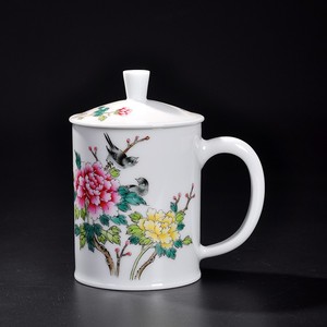 磬声茶杯茶具景德镇陶瓷带盖泡茶杯手绘粉彩纯手工杯办公室杯