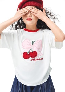 全新女童樱桃短袖T恤，纯棉面料，手感柔软，红色樱桃贴布刺绣，