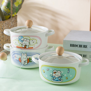 网红饭盒上班族瓷碗学生宿舍泡面碗带盖陶瓷可爱日式双耳汤碗家用
