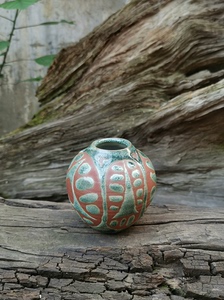 日本陶艺作家手工花器中古圆形抽象画小花瓶