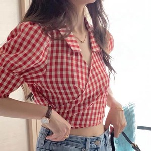 韩版宽松学生chic红色格子系带衬衫 女