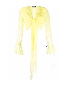 Blumarine 黄色 V领荷叶边衬衫 真丝雪纺上衣 超短