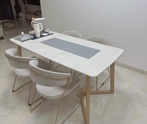 【餐桌椅全套】北欧风轻奢大理石岩板餐桌+四张配套ins风布艺
