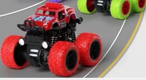 出一款四驱越野车玩具，颜色为红色，款式为怪物卡车。它采用惯性