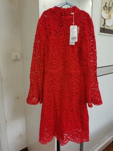 婚嫁系列 朵以  红色蕾丝连衣裙女长袖气质小香风中长款裙子