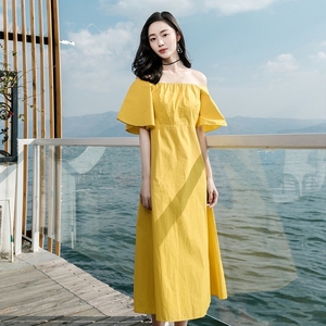 姜黄色夏季新款女装超仙小个子中长裙连衣裙越南芽庄旅游海边度假