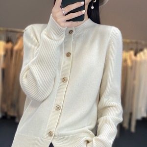 2023年韩版新款春羊毛开衫女圆领毛衣加厚宽松纯色纯羊毛针织外套