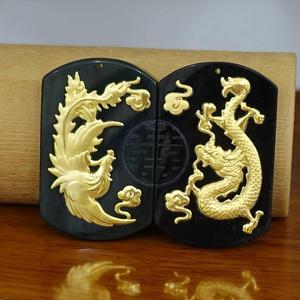 Gold inlaid jade dragon phoenix pendant gold inlaid with