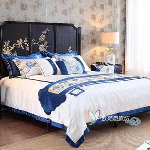 中式奢华古典床上用品样品房家纺用品宝蓝色多件套样品间软装床品