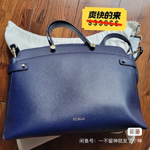 FURLA 芙拉牛皮铆钉笑脸包 藏蓝色  托特包