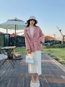 韩版2019流行格子大衣小个子毛呢外套女秋冬短款粉色羊毛呢子