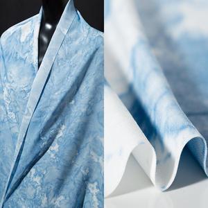 蓝色油画扎染提花牛仔布再造渐变肌理洗水创意DIY服装设计师面料