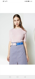 朗文斯汀M码粉色中袖针织+紫色格子口袋装饰半裙套装～含皮带哦