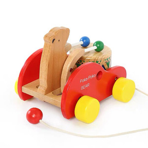 小熊拖拉车敲鼓玩具小熊 电动儿童木制拖拉线玩具熊打鼓鸡啄米青