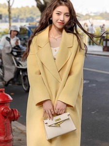 粉色双面羊绒呢大衣女秋冬新款韩版宽松中长款赫本风毛呢外套k。