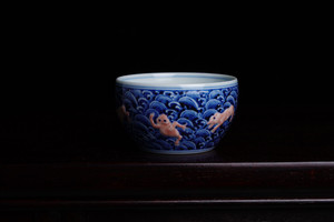 锦玉堂王琳窑堆雕火石红海浪金蟾缸杯茶器仿明瓷器茶杯主人杯雕刻