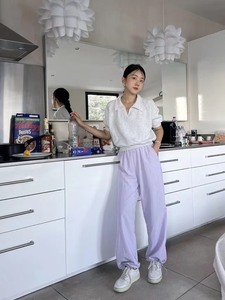 韩国代购紫色工装裤 松紧腰 很凉快的夏天料子 278入手 1