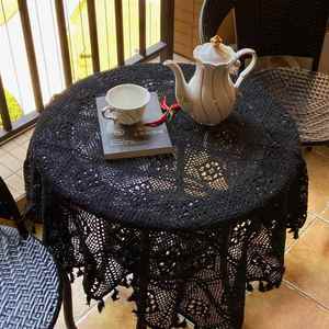 黑色欧式美式钩针蕾丝布方桌布北欧风INS风格子拍照小茶几圆桌布