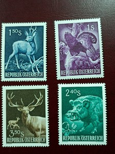 奥地利1959国际捕猎理事会森林动物雕刻版4全新原胶。满20