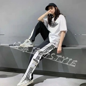 Adidas阿迪达斯裤子男女款休闲运动侧开纽扣排扣裤直筒长裤