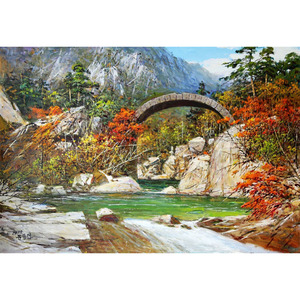 【新品】朝鲜油画 人民艺术家 刘兴燮《金刚山的彩虹桥》布面油画