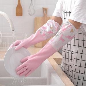 厨房家务清洁洗衣服橡胶手套女加长防水耐用美观单层束口洗碗手套