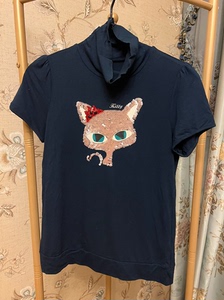欧时力ochirly专柜正品 猫咪闪闪亮片高领短袖T恤女