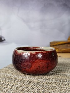 钧窑茶杯，主人杯，窑变鸡血红煤窑釉单杯，高4.5口7.5cm
