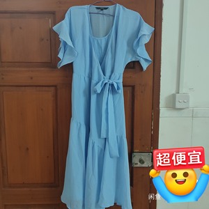 Vero moda蓝色方领泡泡袖连衣裙女韩版格子设计感小众仙