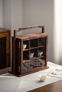 北美黑胡桃提梁九宫格 瓷器盒实木置物方格架玻璃门桌面茶壶收纳