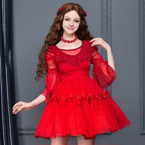 花儿开了喇叭袖蕾丝连衣裙 红色修身显瘦复古公主裙春装新款夏，