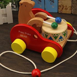 儿童力木质拖拉学步车2-3-6岁宝宝拉线小拖车玩具小熊敲鼓车