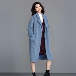 邑品 蓝色毛呢外套羊毛冬季女装新款西装领廓形中长款流行大衣