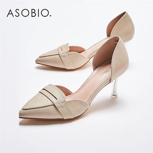 asobio女装 女鞋时尚休闲易搭尖头水晶跟高跟pu皮鞋