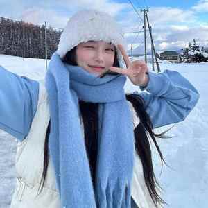 韩式baby蓝色围巾女冬季2024新款氛围感马海毛显白百搭围脖披肩男