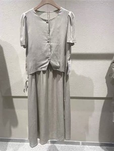 SHOP1972夏季新款女简约文艺棉麻短袖上衣裙子两件套SP