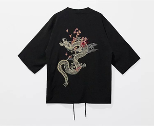 黑色刺绣龙开衫外套 中国风原宿霸气日系樱花龙图案重工刺绣和服