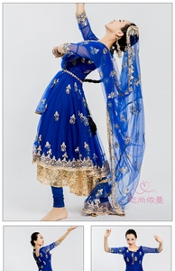 依曼印度舞安娜裙大摆连衣裙蓝色三件套M-裙子，紧身裤和头纱。