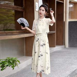 2024夏上新时尚新中式风修身显瘦印花吊带裙两件套连衣裙女HJ2013
