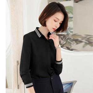 黑白色衬衫女上衣长袖翻领洋气职业2019新款韩版长袖衬衣